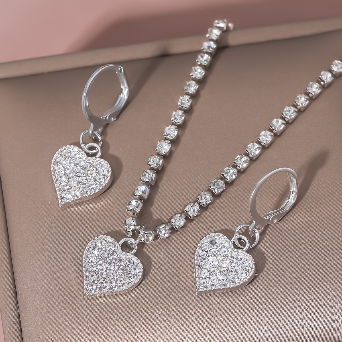 3pcs Elegant Classic Sparkling Heart Jewelry Set, Necklace & Earrings